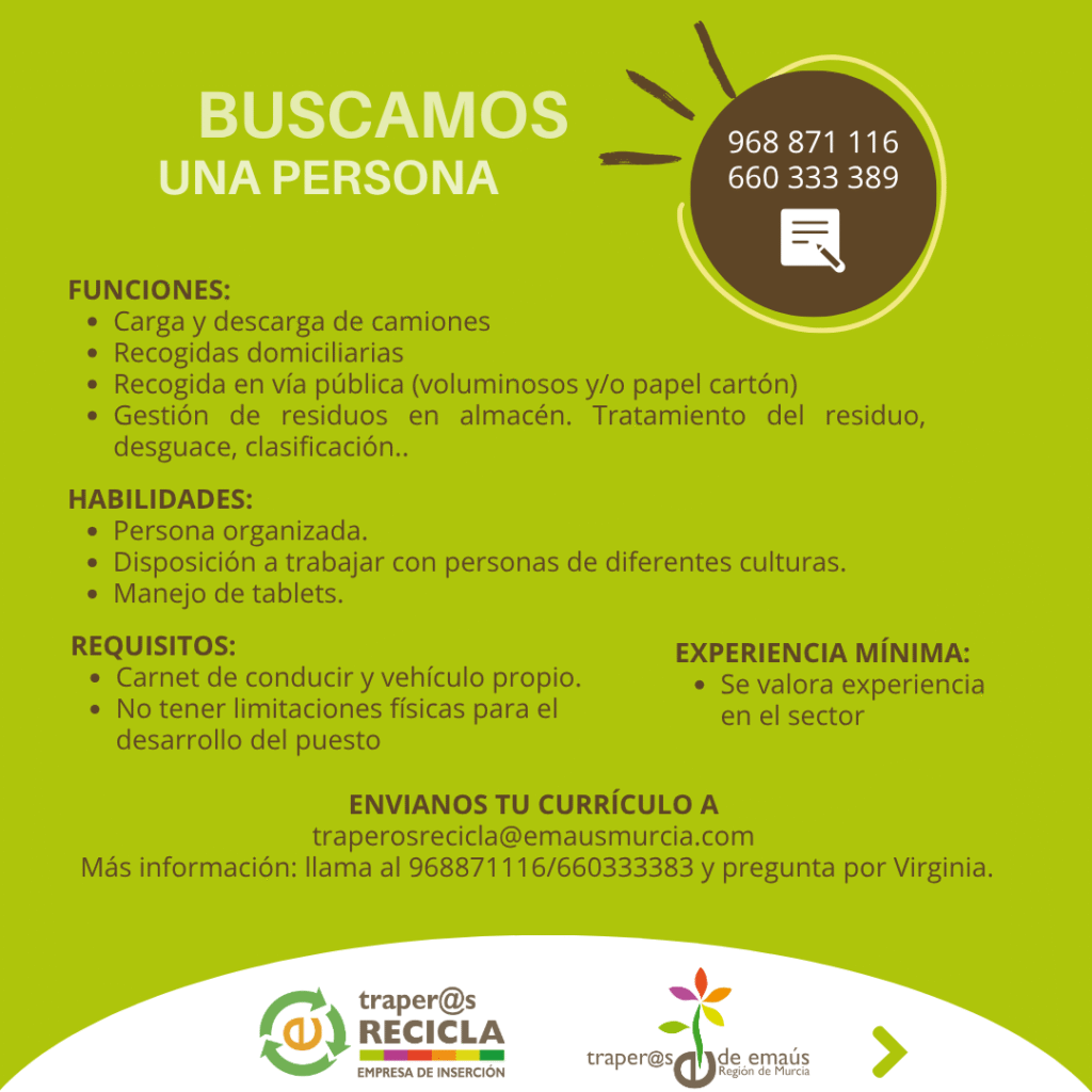 En Traperos Recicla nos urge cubrir puesto peón de reciclaje para la temporada de verano 2025.